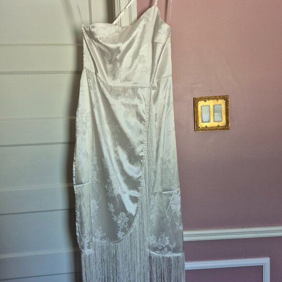 White Damask Asymmetrical Fringe Dress - Picture 1 of 3
